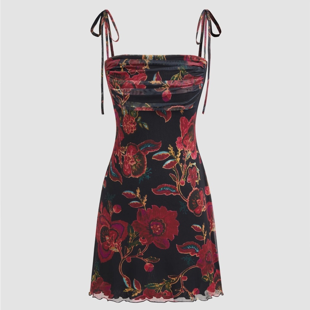 Square Neck Floral Ruched Mini Dress